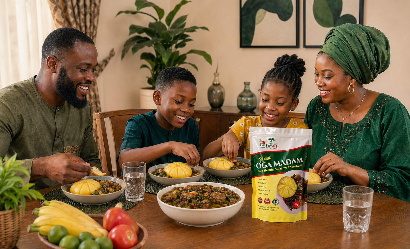 African family eating yellow OGA MADAM swallow with the product on the table